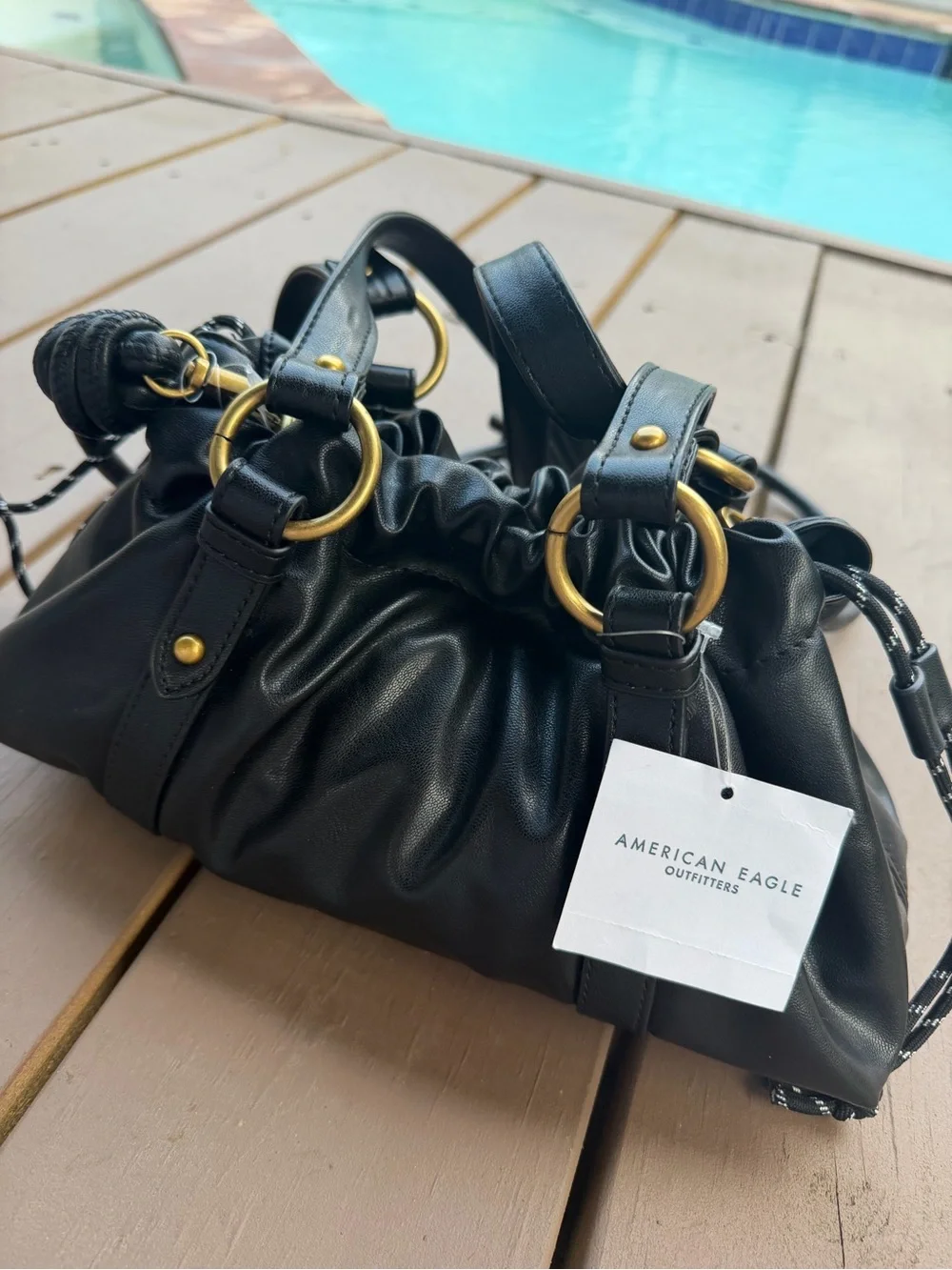 American Eagle Black Drawstring Bucket Bag - New with tag